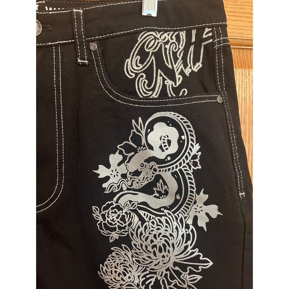 Cyber Y2K Grunge Skater Yakuza Streetwear GraphicJorts BlackSilver Ninth Hall 32 - Picture 3 of 9